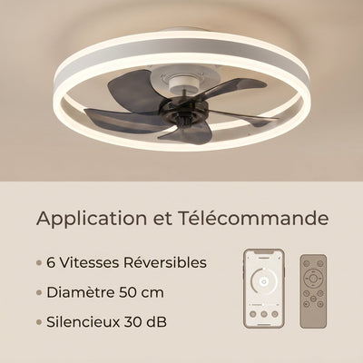 Ventilateur de plafond Norvyn application et telecommande six vitesses 50 cm