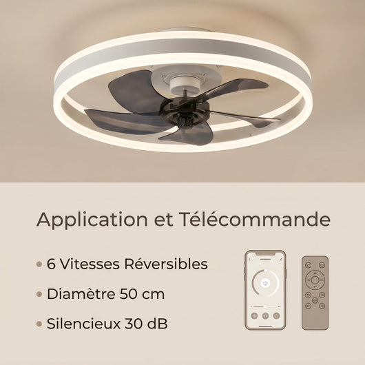 Ventilateur de plafond Norvyn application et telecommande six vitesses 50 cm