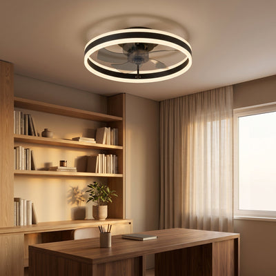 Ventilateur de plafond anneau LED Norvyn noir dans un bureau