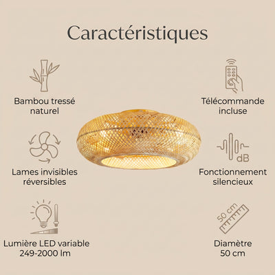 Ventilateur de plafond bambou Velyane caractéristiques
