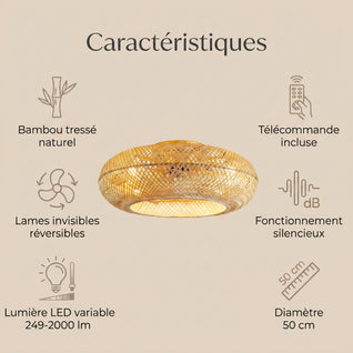Ventilateur de Plafond Bambou Tressé avec Lumière LED 50 cm | Velyane