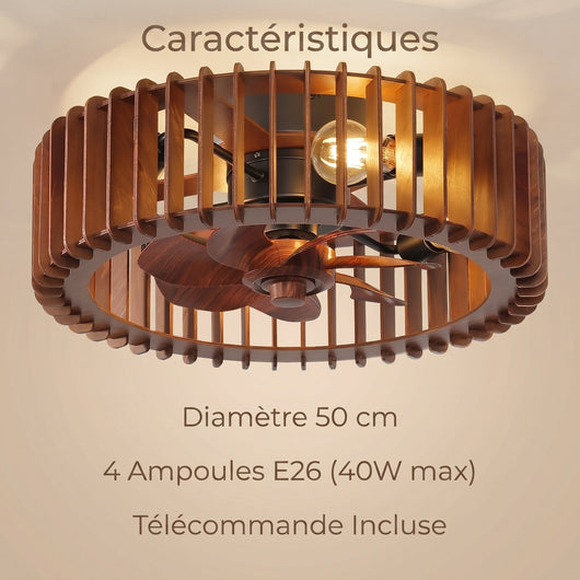 Ventilateur de plafond bois Alzena diametre 50 cm 4 ampoules E26 telecommande