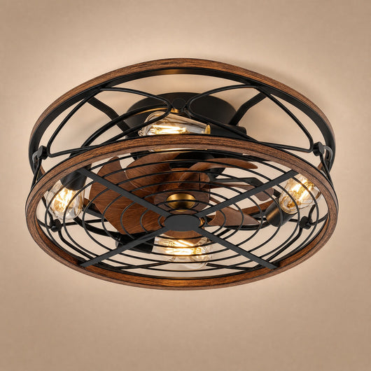 Ventilateur de plafond industriel Ferolys, cage metal noir et pales bois