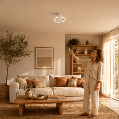 Ventilateur de plafond silencieux Serenys avec télécommande dans un salon