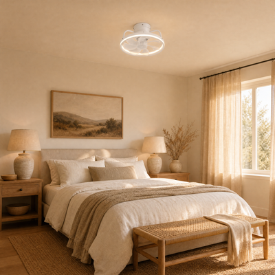 Ventilateur de plafond silencieux Serenys blanc dans une chambre