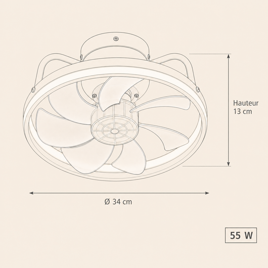 Dimensions du ventilateur de plafond silencieux Serenys : diamètre 34 cm, hauteur 13 cm