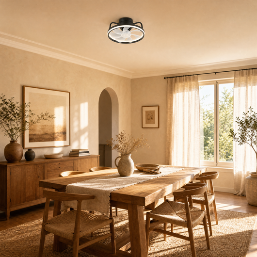 Ventilateur de plafond silencieux Serenys noir au-dessus d'une table à manger