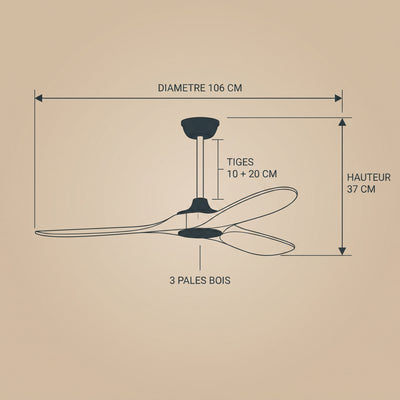 Dimensions du ventilateur de plafond Vaeron : diamètre 106 cm, hauteur 37 cm, tiges 10 et 20 cm
