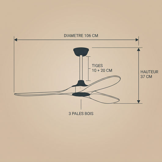Dimensions du ventilateur de plafond Vaeron : diamètre 106 cm, hauteur 37 cm, tiges 10 et 20 cm