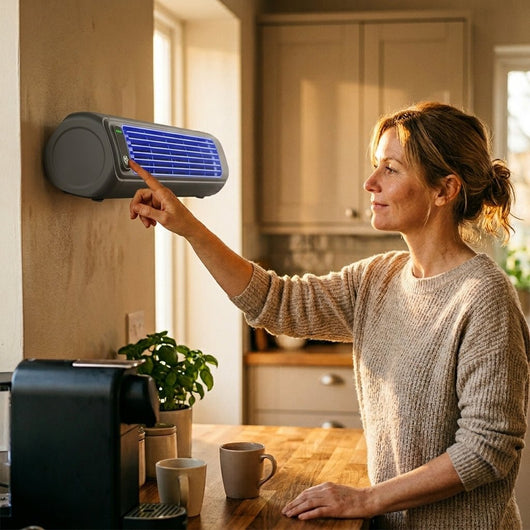 Femme allumant le ventilateur mural sans perçage Mirelyn en cuisine