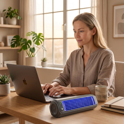 Ventilateur mural sans perçage Mirelyn posé sur un bureau en télétravail