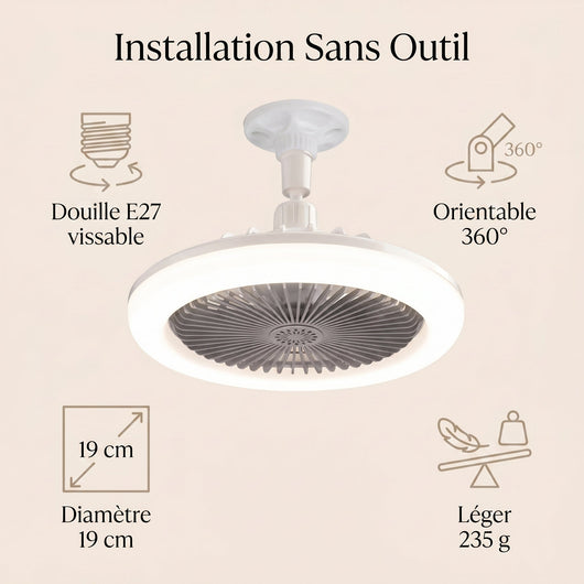 Ventilateur plafonnier E27 Ovelys installation sans outil