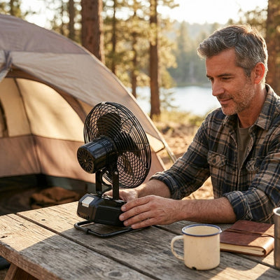Homme utilisant le ventilateur sans fil pour batterie d'outil 18V Edalys en camping