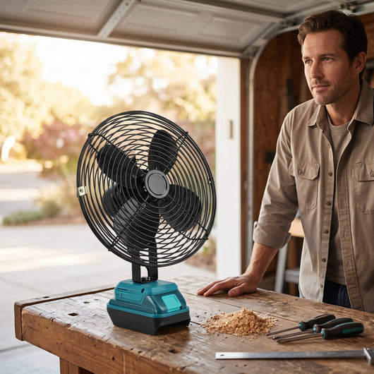 Ventilateur sans fil batterie outil 18V Edalys dans un garage batterie Makita