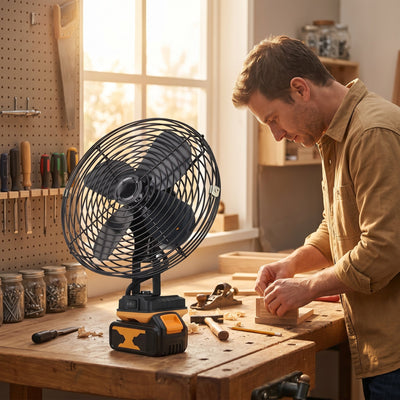 Ventilateur sans fil batterie outil 18V Edalys sur etabli d'atelier batterie Dewalt