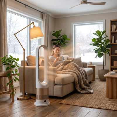 Ventilateur sans pale chauffage Vosena dans un salon en hiver