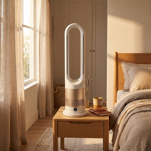 Ventilateur sans pale chauffage Vosena sur une table de chevet