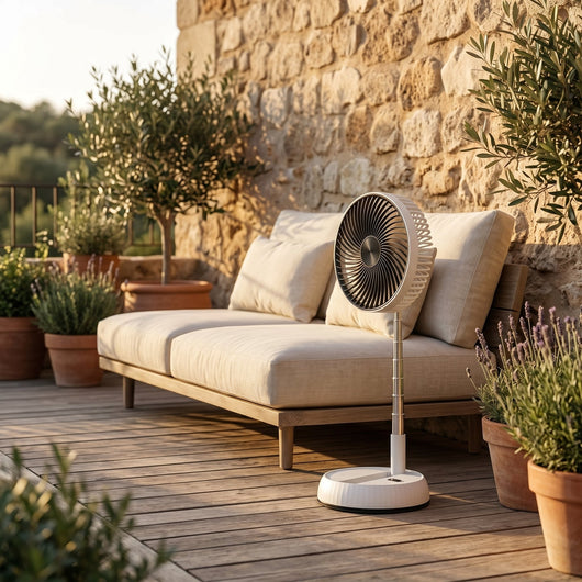 Ventilateur sur pied pliable Zelvio sur une terrasse