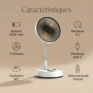 Ventilateur Sur Pied Pliable Rechargeable 5400mAh Télécommande | Zelvio