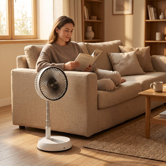 Ventilateur sur pied pliable Zelvio dans un salon