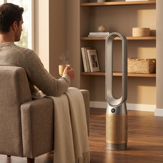 Ventilateur tour sans pale Eryden avec une personne dans un salon