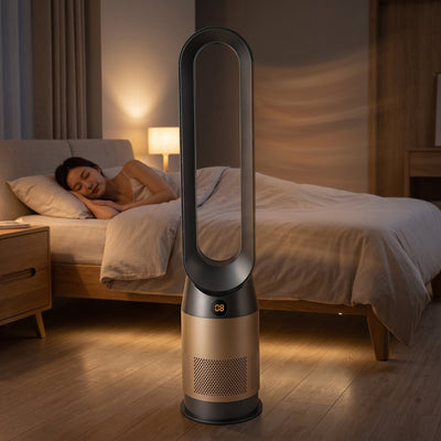 Ventilateur tour sans pale Eryden dans une chambre la nuit