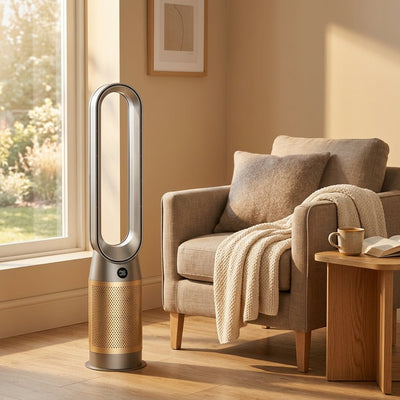 Ventilateur tour sans pale Eryden dans un salon golden hour