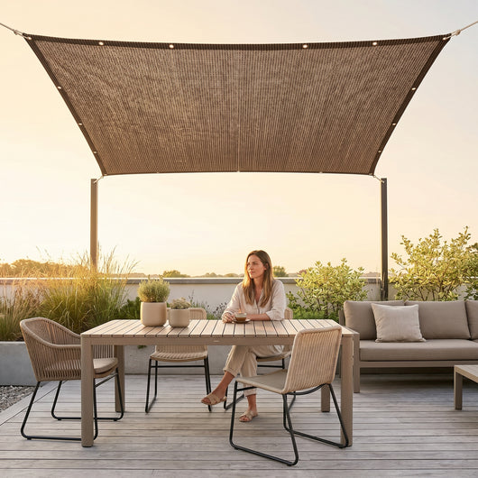 Voile d'ombrage rectangulaire tendue au-dessus d'une terrasse golden hour